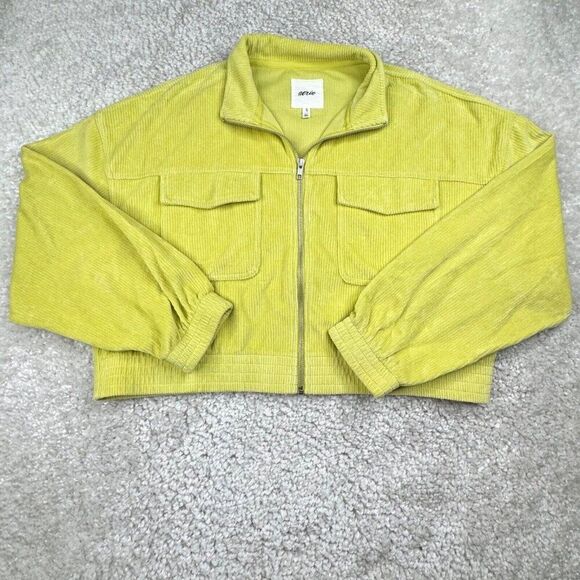AERIE Groove On Velour  Full Zip Cropped Jacket Neon Yellow - Picture 2 of 8